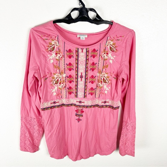 SUNDANCE Pink 100% Cotton Embroidered Lace Trim Long Sleeves Blouse, Size Medium - Picture 1 of 9